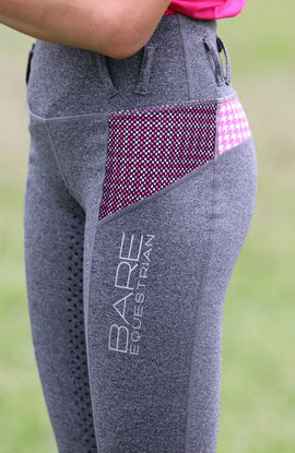 BARE Equestrian Performance Riding Tights - YOUTH - Grey with Pink Houndstooth