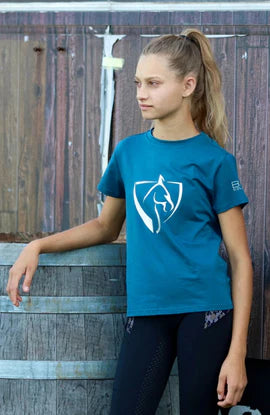 BARE EQUESTRIAN Silver Logo T-Shirt - YOUTH - Petrol