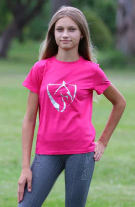 BARE EQUESTRIAN Silver Logo T-Shirt - YOUTH - Dark Pink